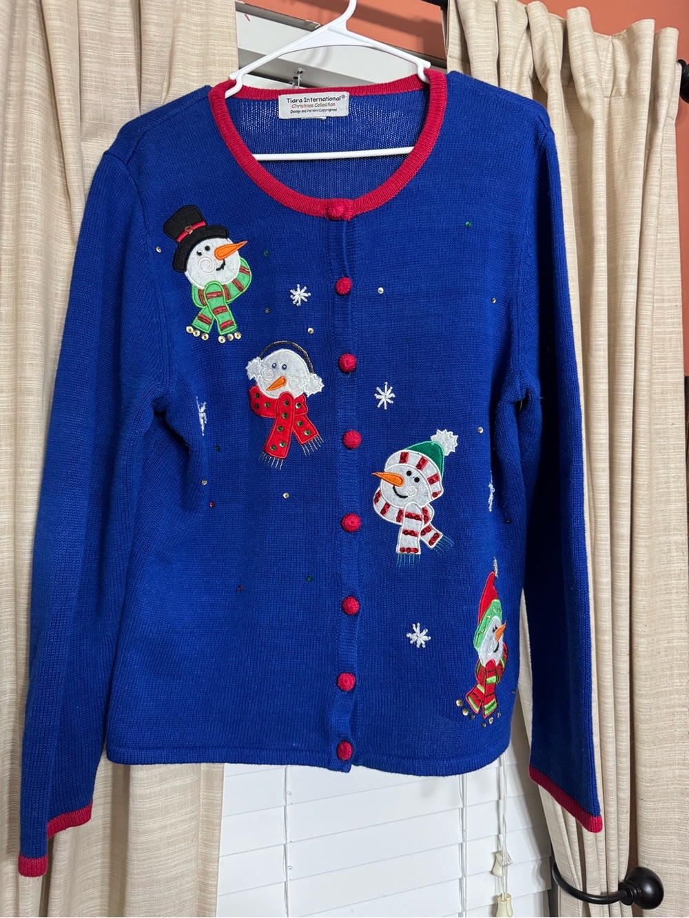 Blue Snowman Embroidered Holiday Cardigan Sweater with Red Trim